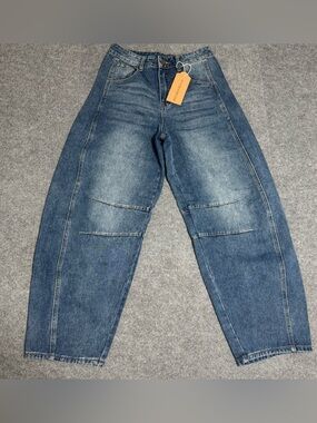 NWT Hungson Barrel Leg Jeans Size 6 Curved Horseshoe Baggy Y2K Denim High Waist